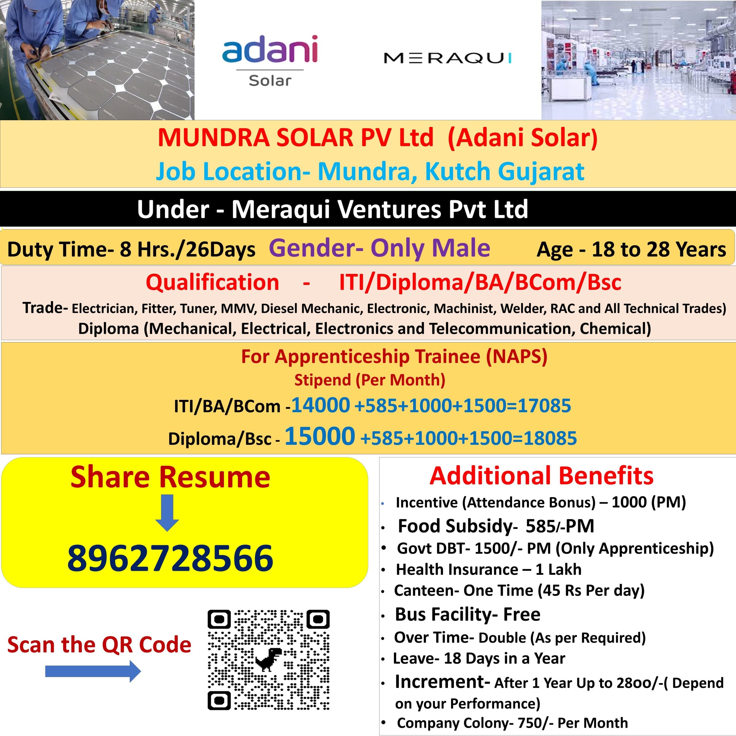मुद्रा सोलर पीवी लिमिटेड (अडानी सोलर) Under Meraqui Ventures Pvt Ltd New Job Vacancy Job Vacancy