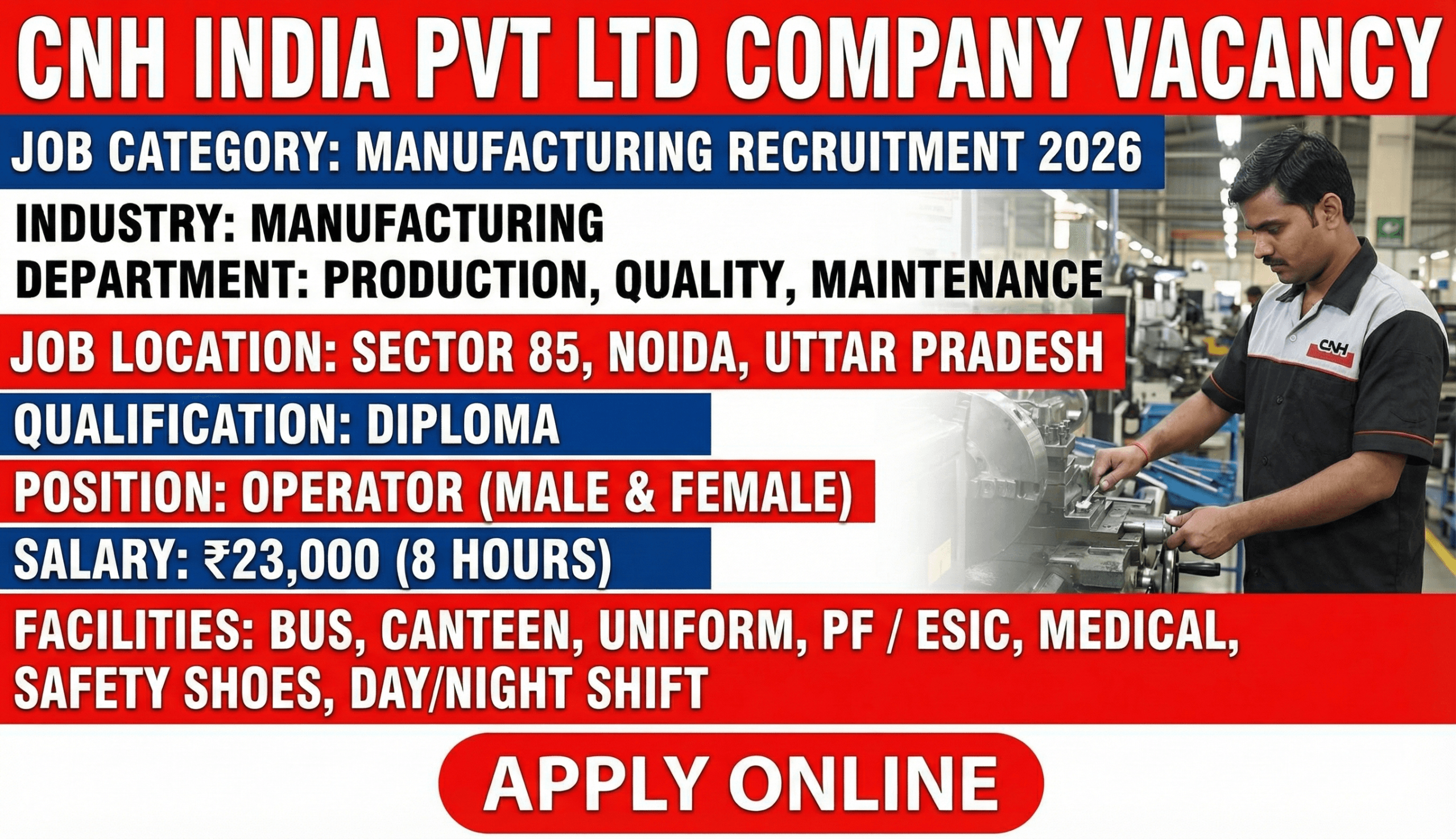 CNH India Pvt Ltd Recruitment 2026 | Diploma Operator Vacancy | ₹23,000 Salary | Noida