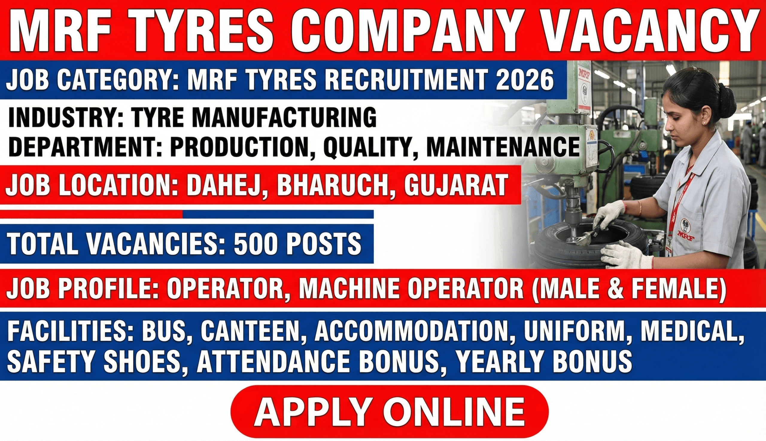 MRF Tyres Recruitment 2026 | 500 Vacancy | 10th, 12th, ITI, Diploma Jobs | Dahej Bharuch