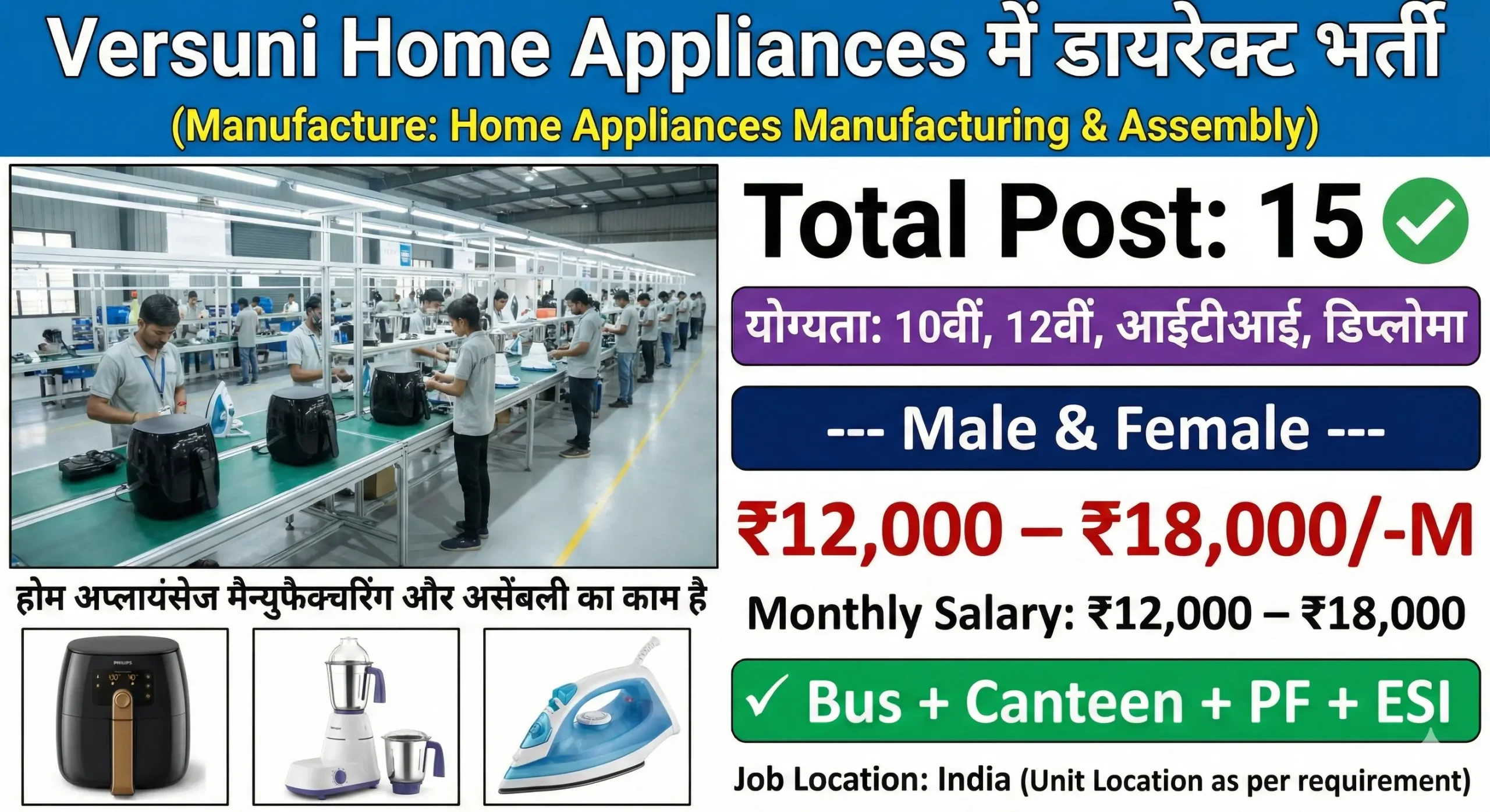 Versuni Home Appliances Recruitment 2026 | Operator, Packing Boy & Quality Inspector