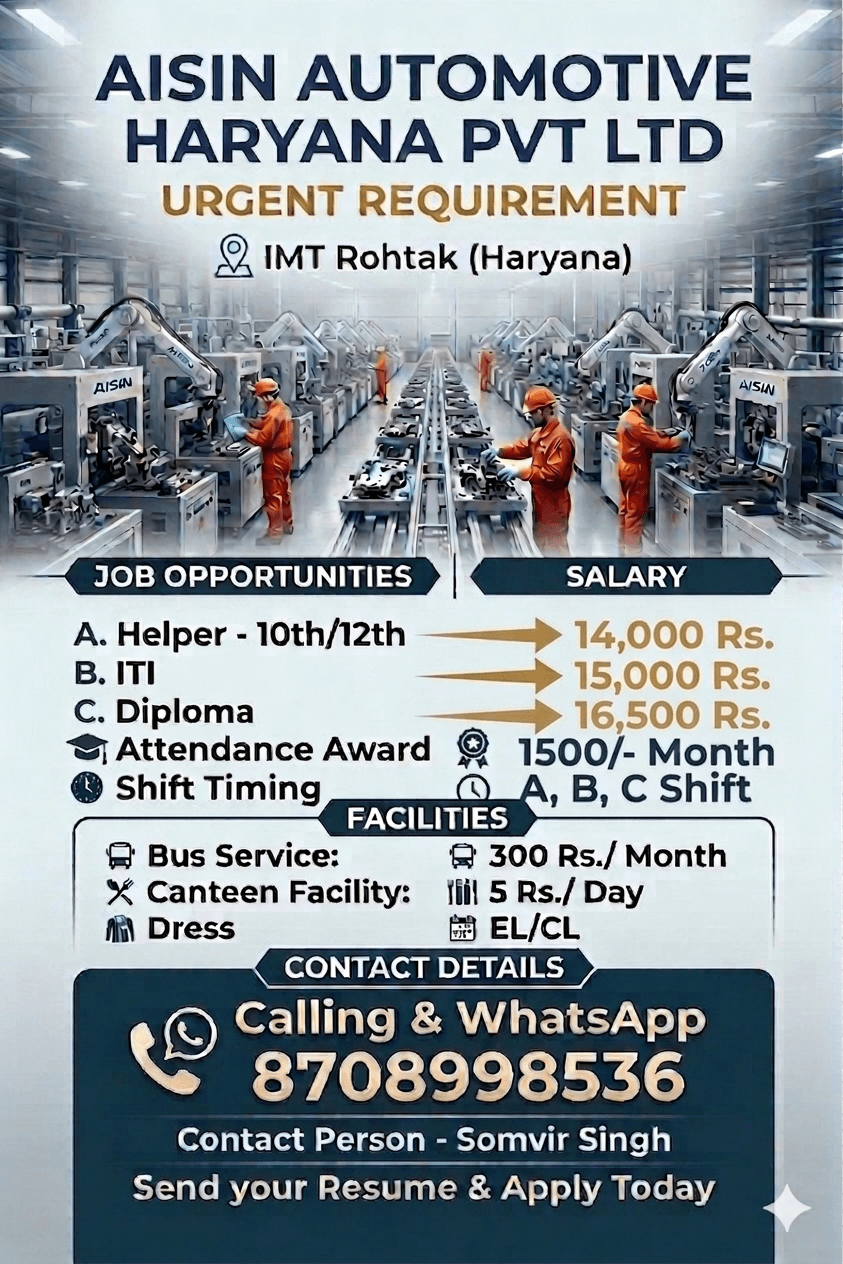 Aisin Automotive Haryana Pvt Ltd Aisin Automotive Haryana Pvt Ltd Recruitment 2026 Job Vacancy