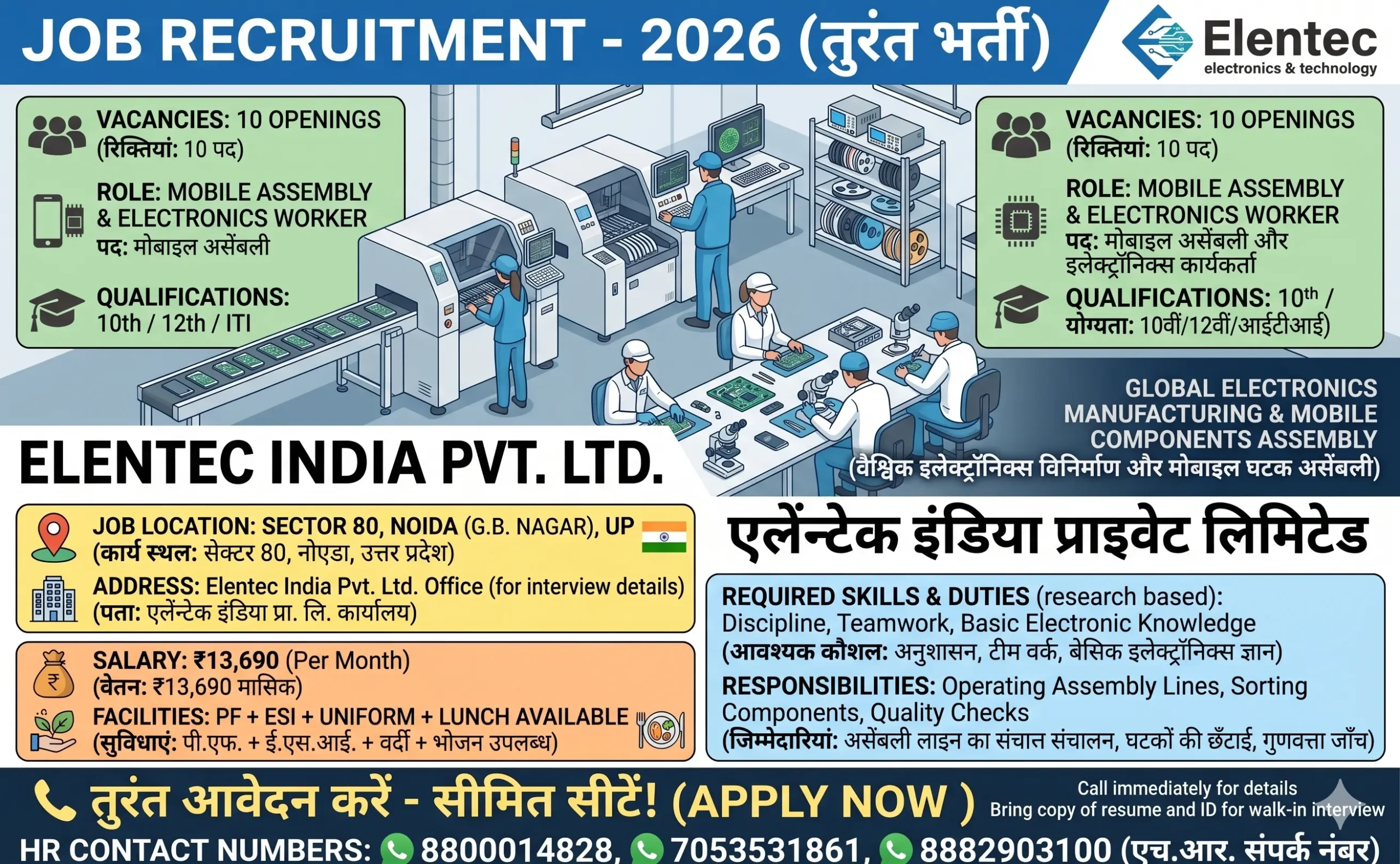 Elentec Noida Recruitment 2026 | 10th, 12th & ITI Pass Vacancy