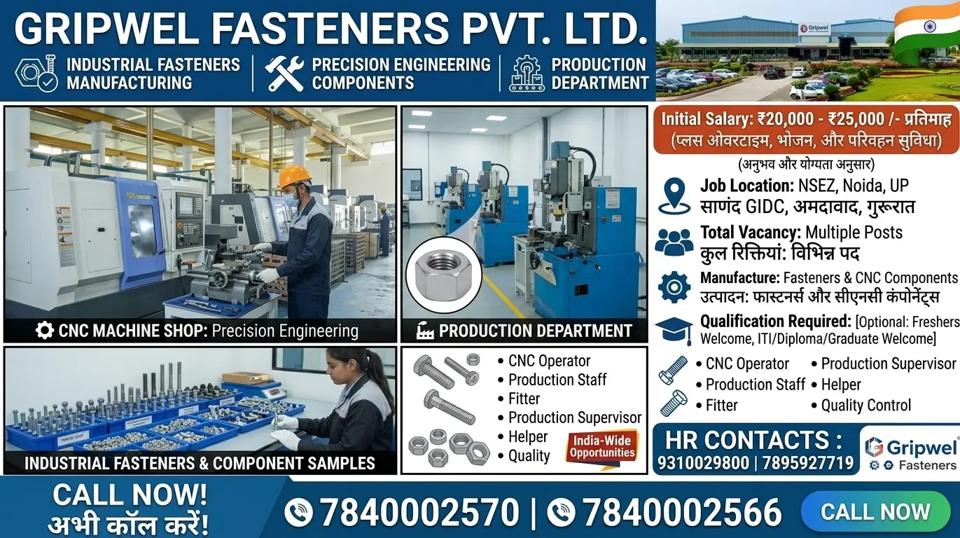 Gripwel Fasteners Recruitment 2026 | CNC Programmer & CNC Setter Jobs in Noida