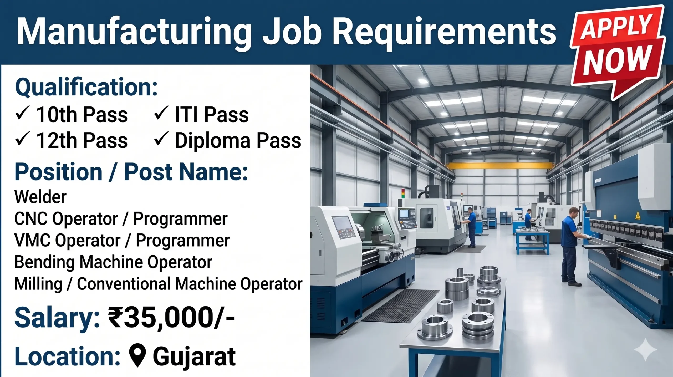 Manufacturing Company Recruitment 2026 | Welder, CNC & VMC Operator Jobs in Gujarat