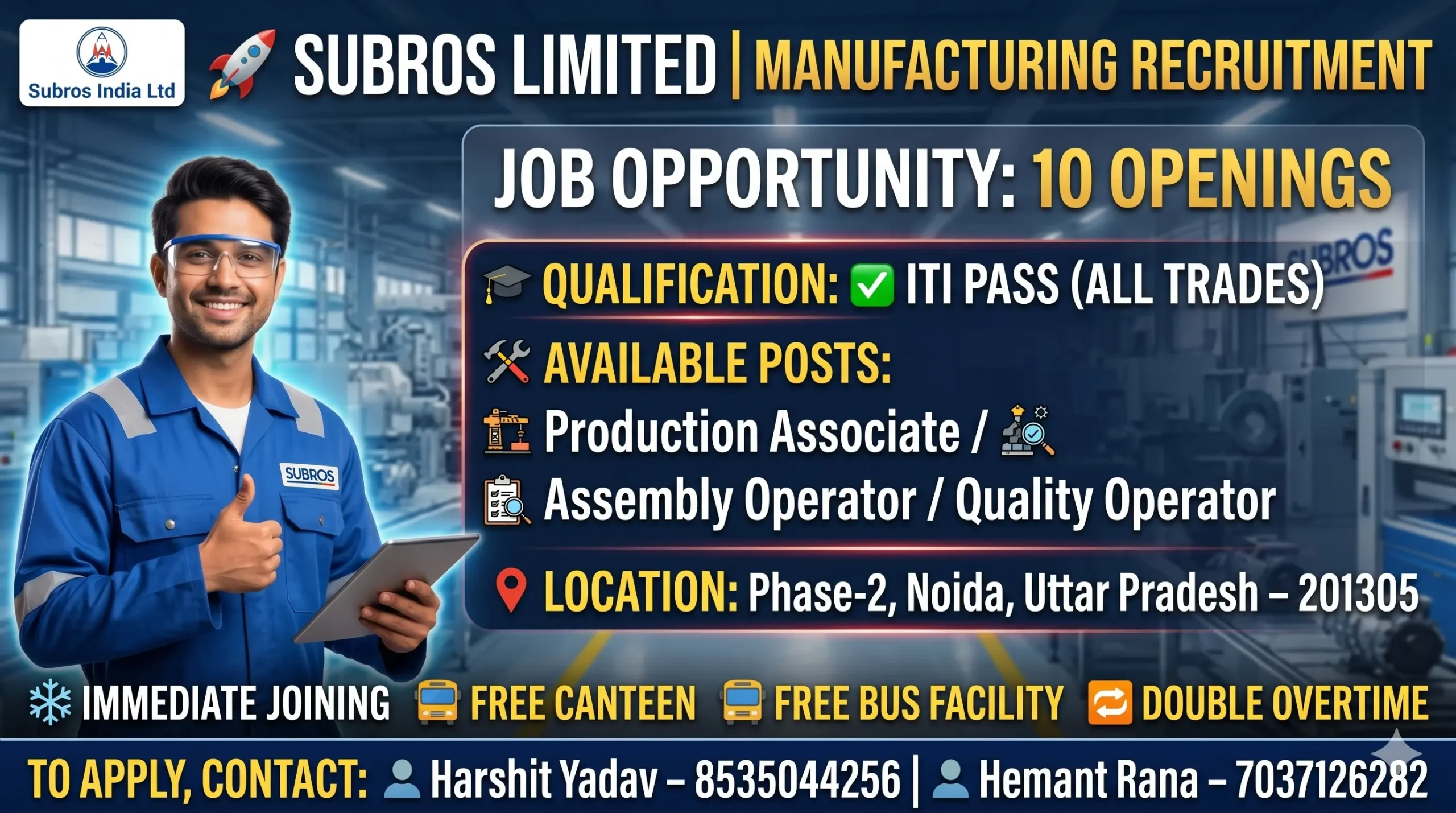 Subros Limited Recruitment 2026 | ITI Pass Jobs in Noida for Male & Female Candidates
