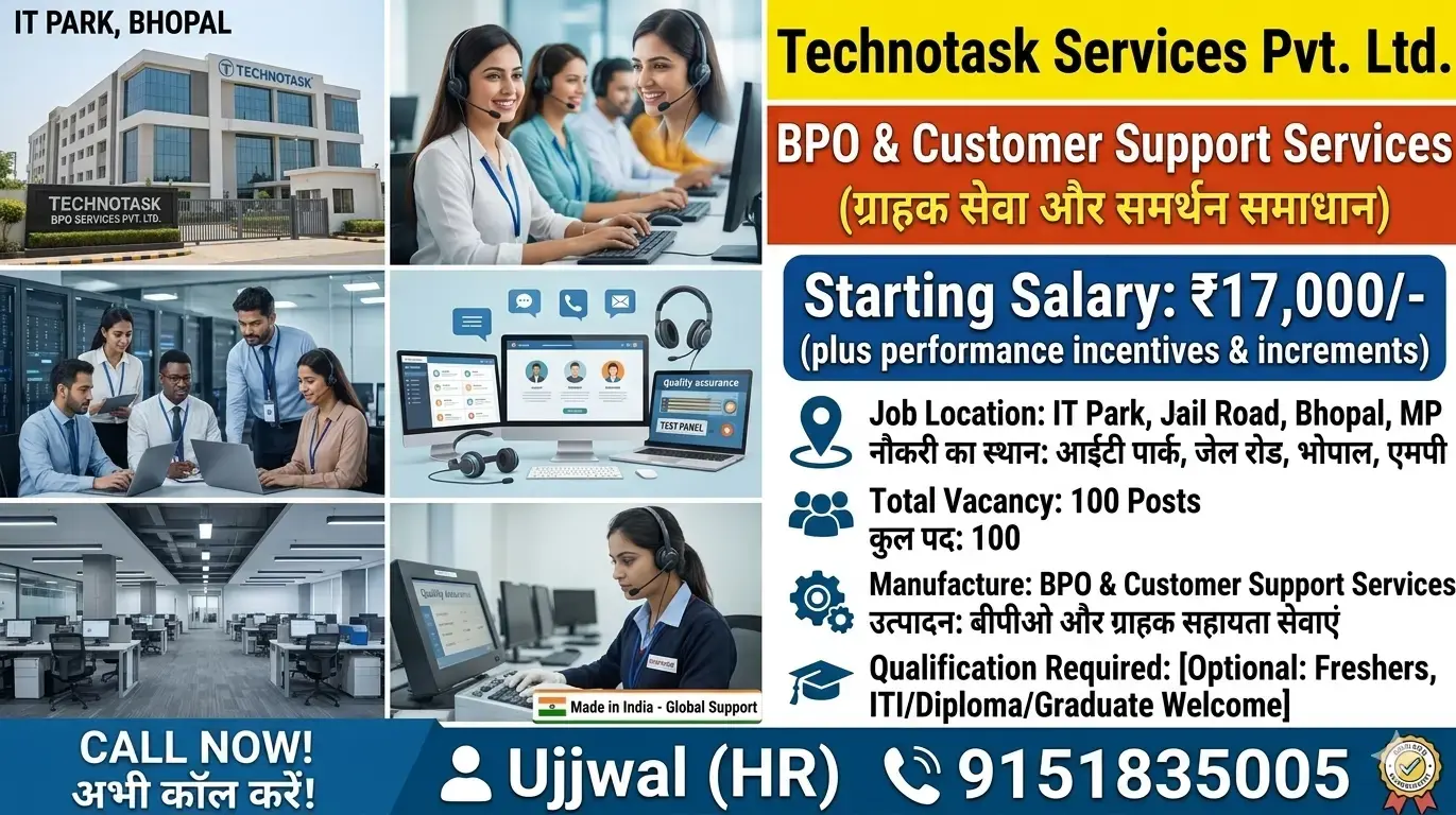 Technotask Customer Support Associate Recruitment 2026 | 100 Vacancies in Bhopal