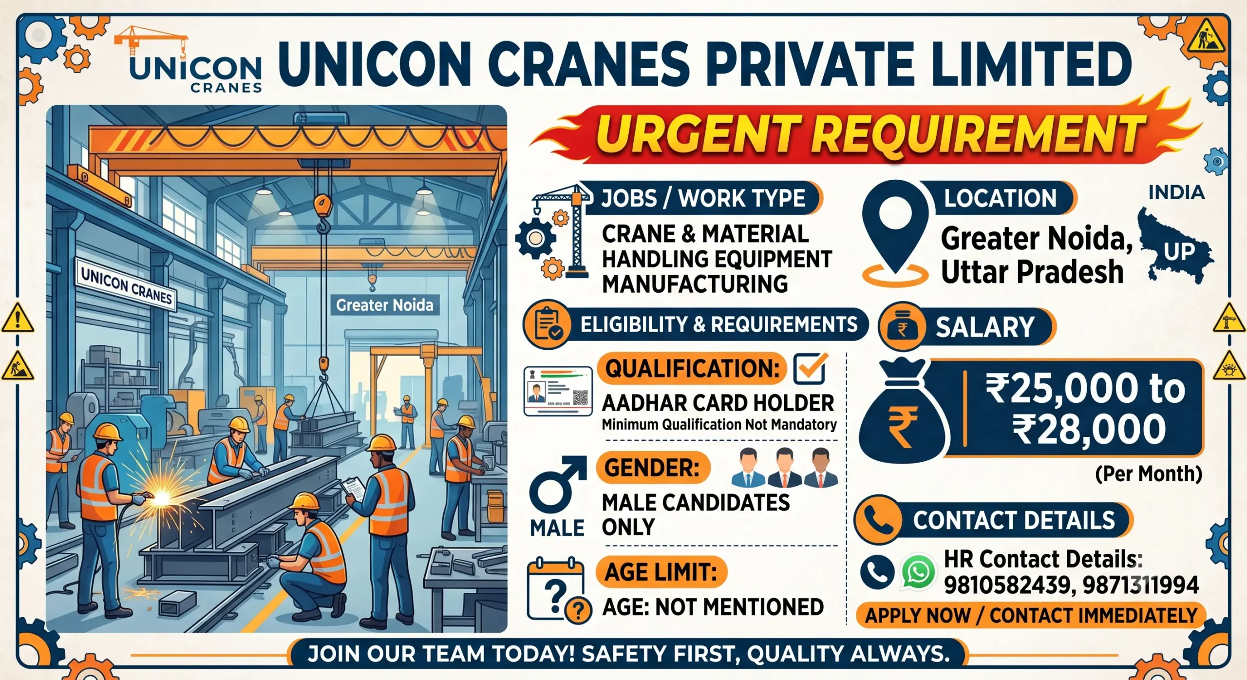 Unicon Cranes Private Company Recruitment 2026 | Loading & Welder Jobs | Greater Noida