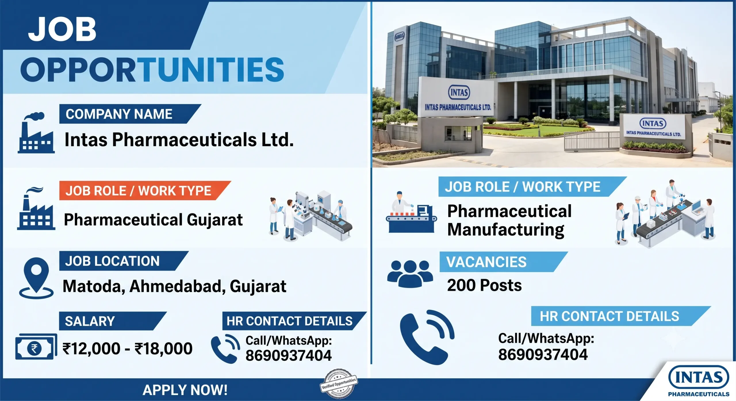 Intas Pharma NAPS Apprentice Recruitment 2026 | 10th, 12th, ITI, Diploma, B.Sc & B.Pharma Jobs