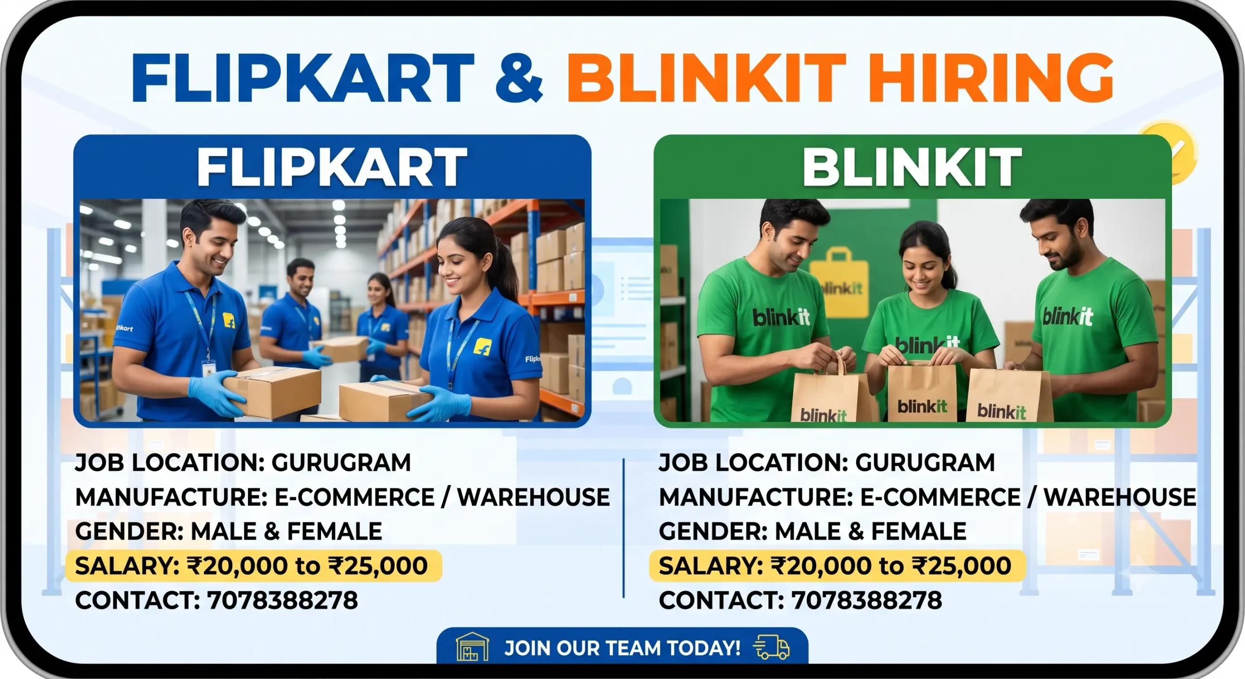 Flipkart & Blinkit Recruitment 2026 – Gurugram में ₹20,000 से ₹25,000 Salary