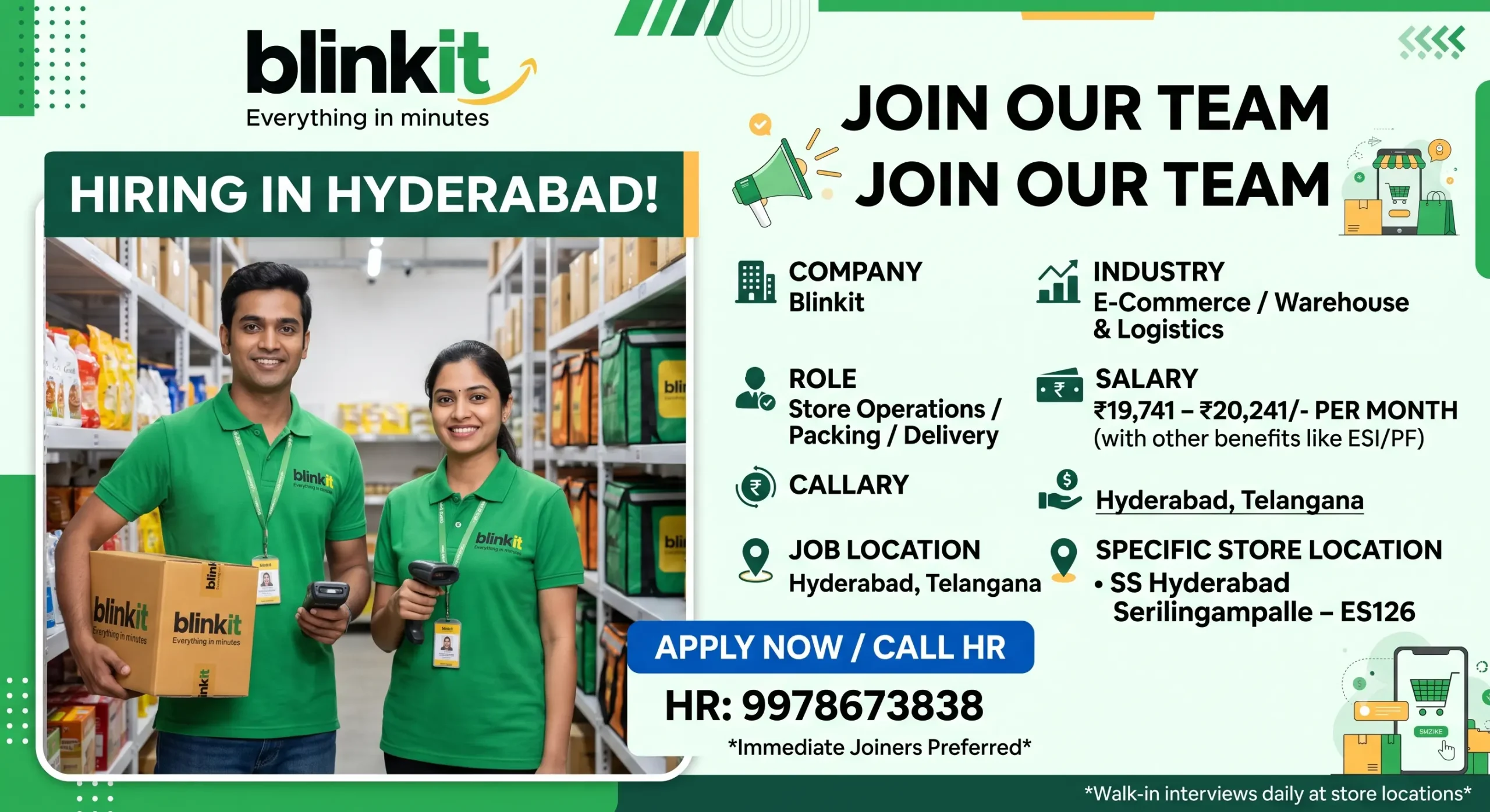 Blinkit Jobs in Hyderabad 2026 | 400 Vacancy | ₹20,241 Salary | 10th, 12th, ITI, Graduate