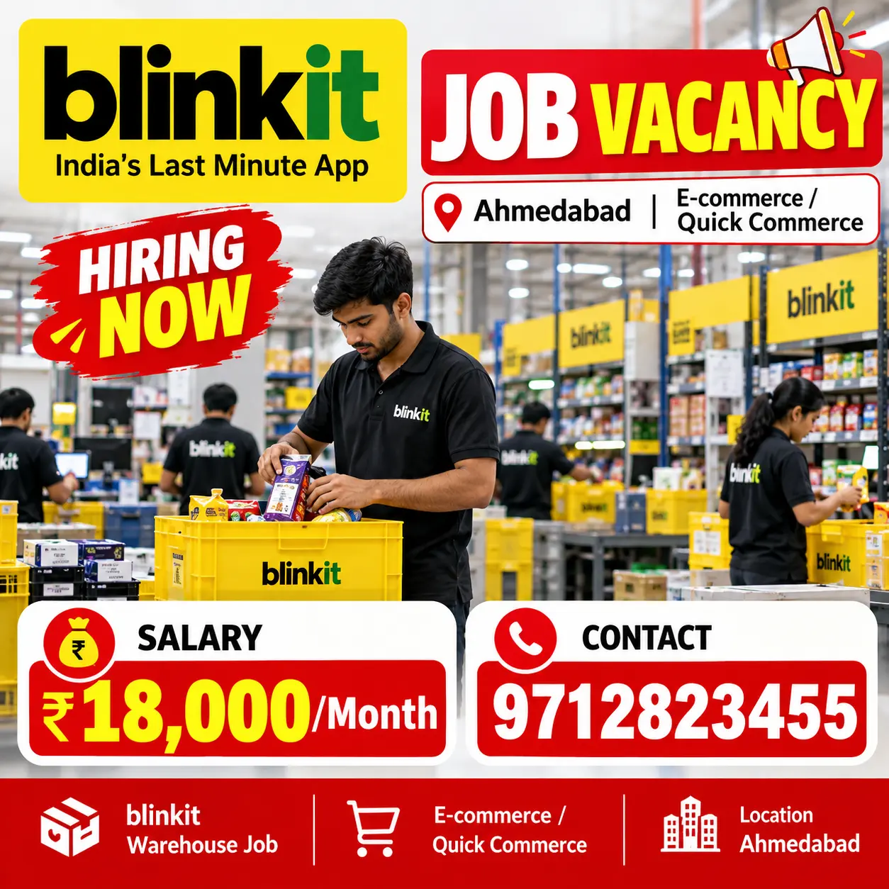 Blinkit Recruitment 2026: 10th, 12th Pass Jobs in Ahmedabad – ₹20,000 Salary