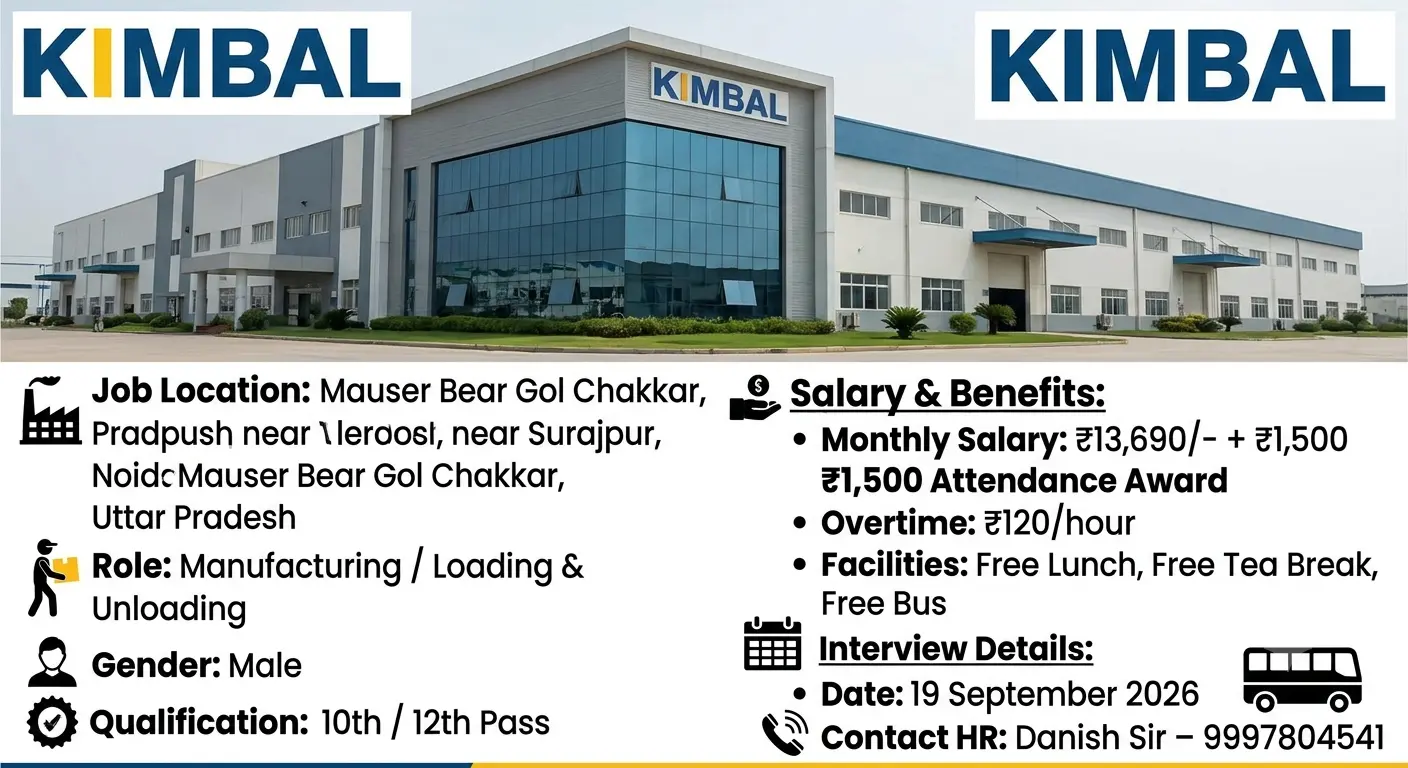 KIMBAL Jobs in Surajpur Greater Noida 2026 | ₹13,690 Salary + ₹1,500 Attendance Award | 10th & 12th Pass