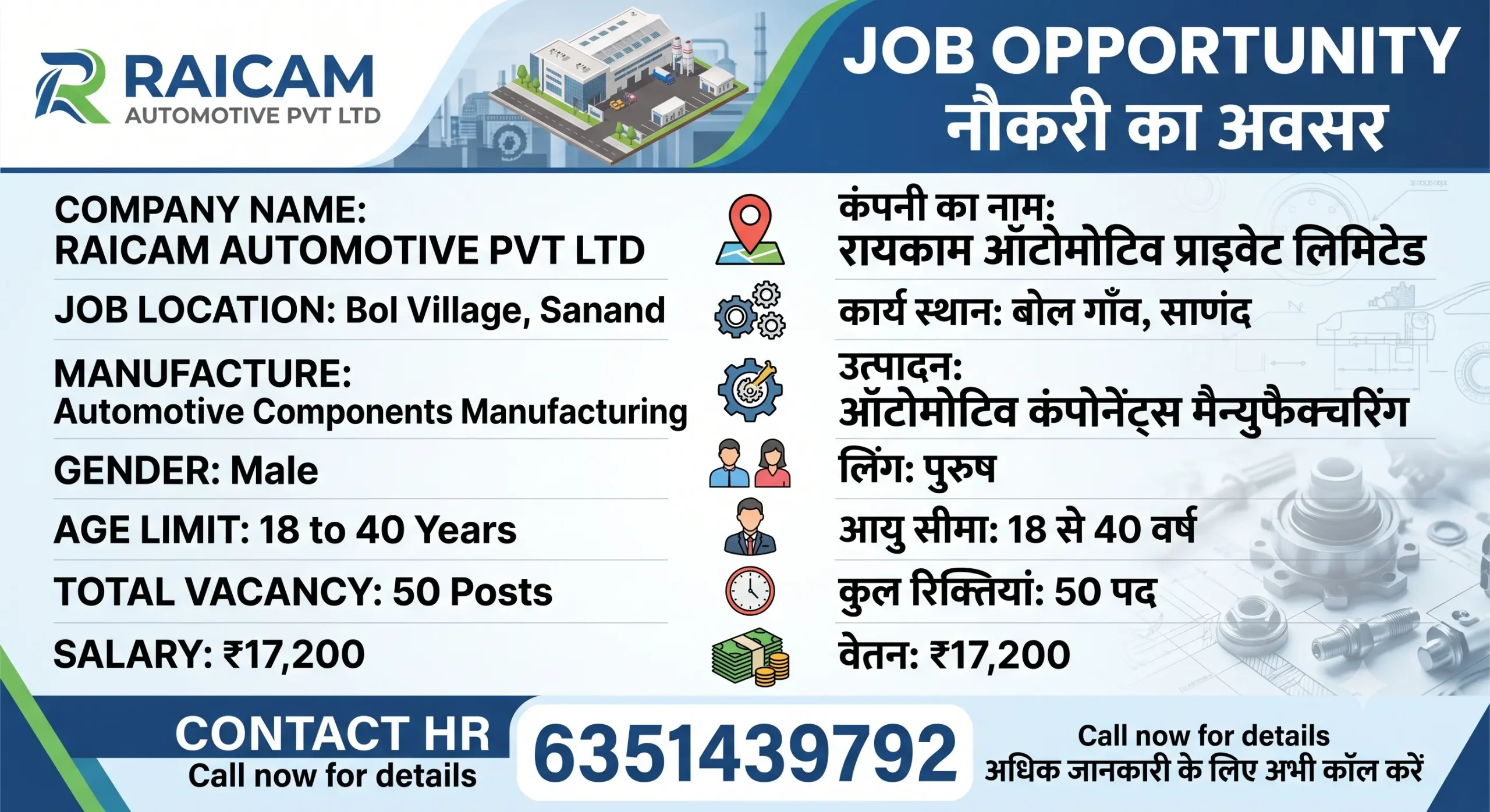 Raicam Automotive Recruitment 2026 Sanand – 50 Vacancy, ITI & Diploma Jobs, Salary ₹17,200