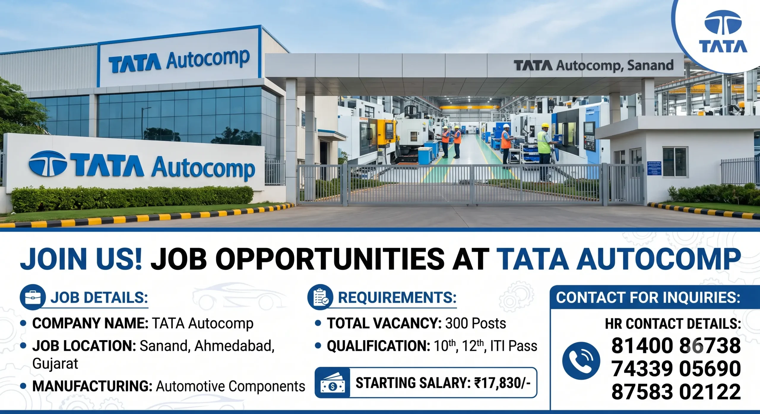 TATA Autocomp Recruitment 2026 Sanand – 300 Posts, 10th & ITI Jobs, Salary Up to ₹17,830